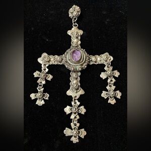 Large Vintage Mexican Sterling Silver Amethyst Cross Pendant 925 15.8g Taxco?